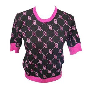 Gaudi Jean's Women's Small Short Sleeve Sweater Black Pink Metallic NWOT